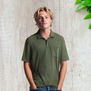Polo Shirt, Large Man, Solid Olive Green, Breast Pocket, Button Down